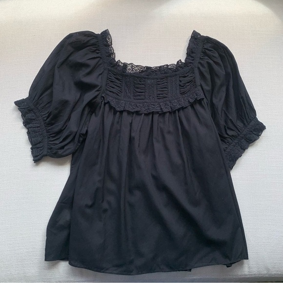 Doen Frances Cotton Voile Ruffle Lace Short Puff Sleeve Blouse Top Black - Picture 8 of 10